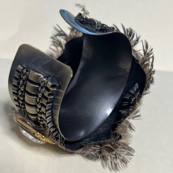 VTG Bird Feathered Crystal Rhinestones Brass Metal Bracelet Adjustable 6.5" - Picture 7 of 16